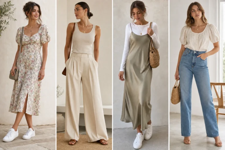 Brunch outfit ideas shown as four relaxed looks