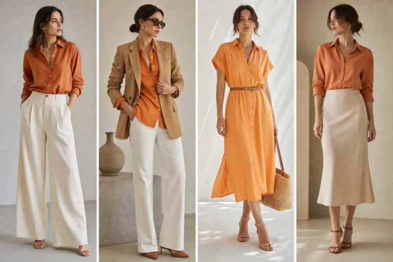 Orange button-down shirt outfit ideas shown as four looks