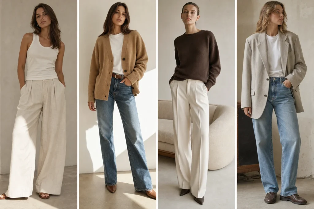 Casual neutral outfit ideas shown as four styled looks