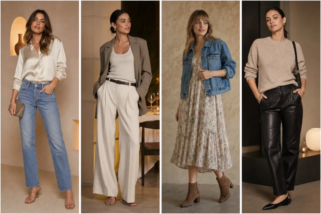 Casual dinner outfit ideas shown as four looks