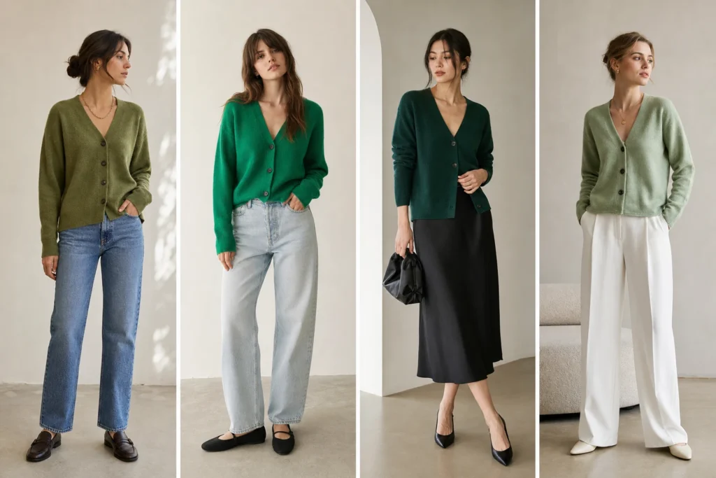 Green cardigan outfit ideas shown as four styled looks
