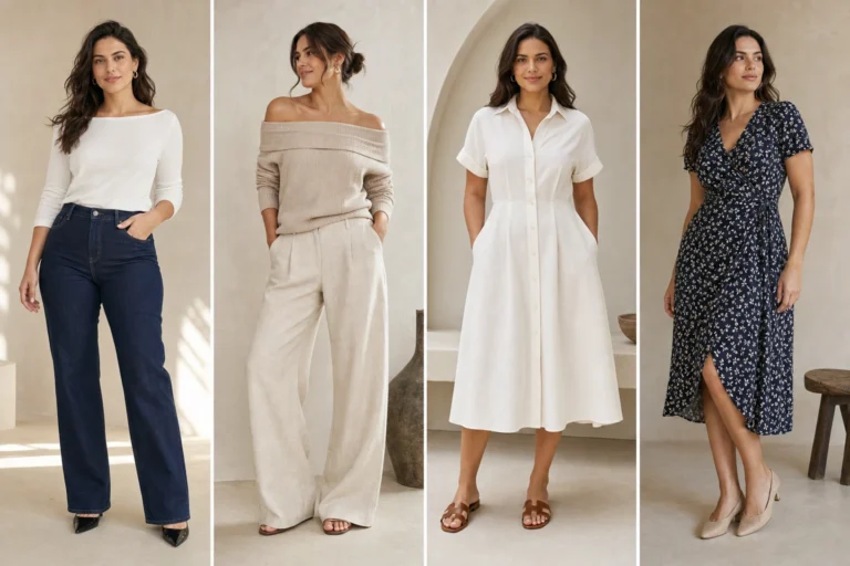 Flattering pear shape outfit ideas shown as four looks