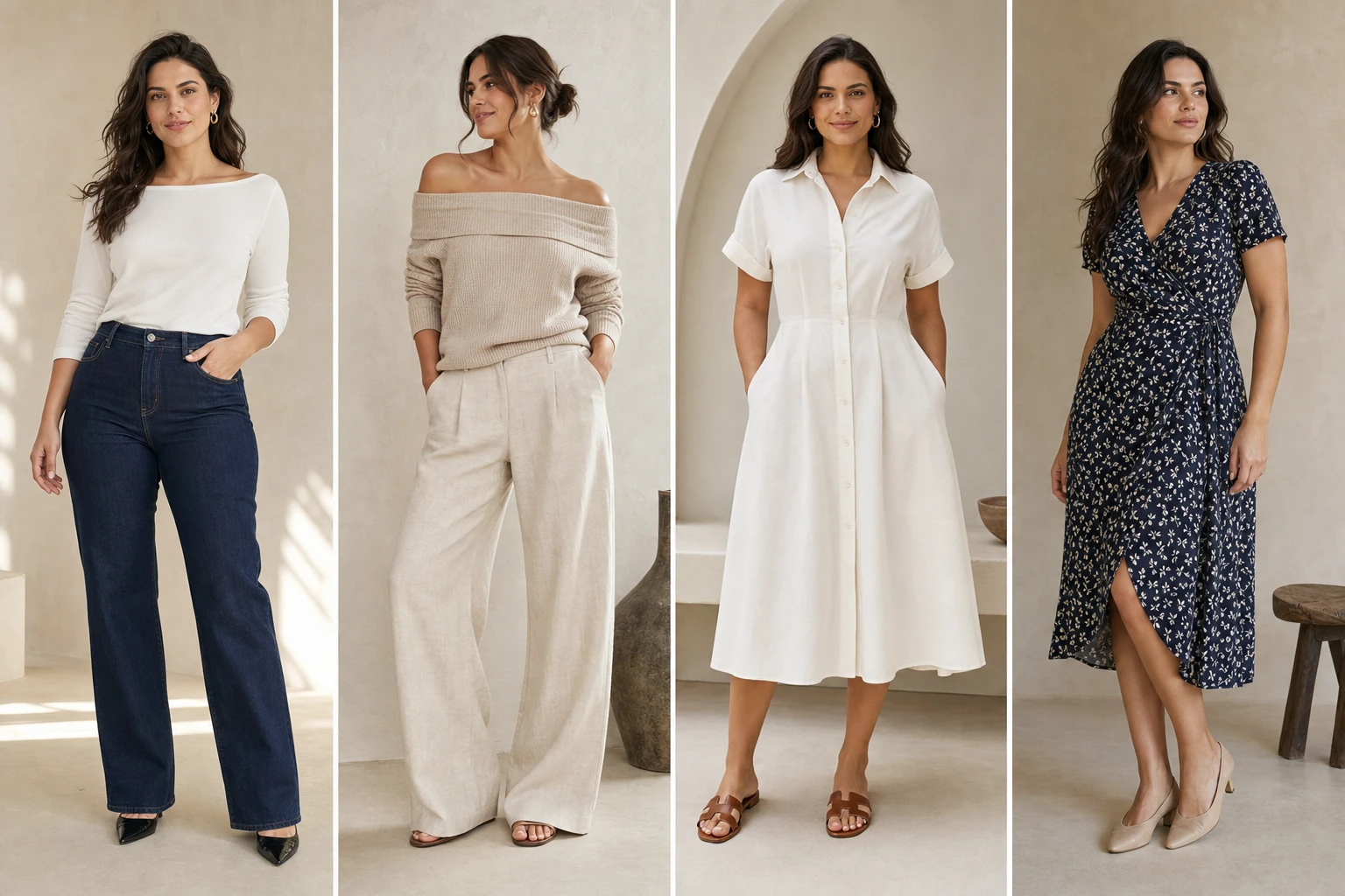 Flattering pear shape outfit ideas shown as four looks