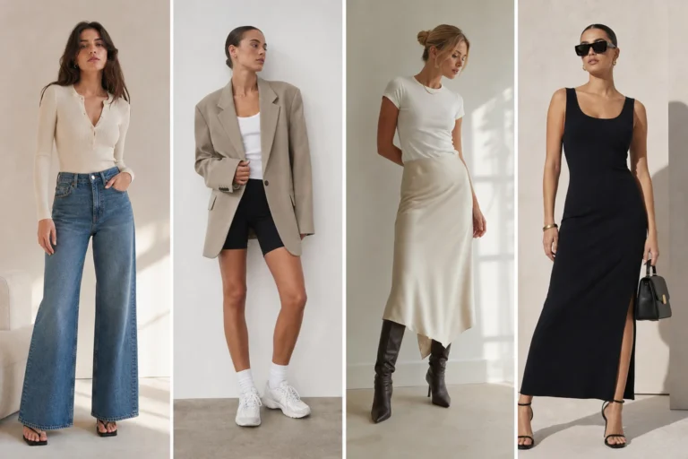 Outfit ideas for tall slim women shown as four looks