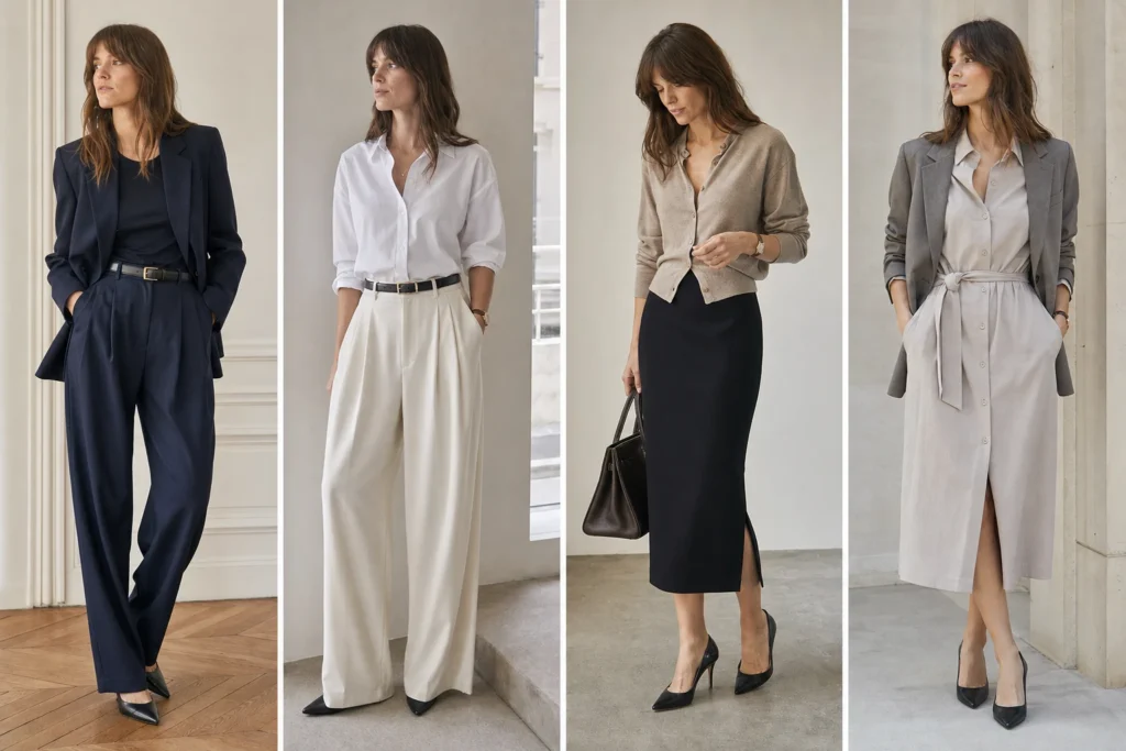 Parisian office outfit ideas shown as four polished looks