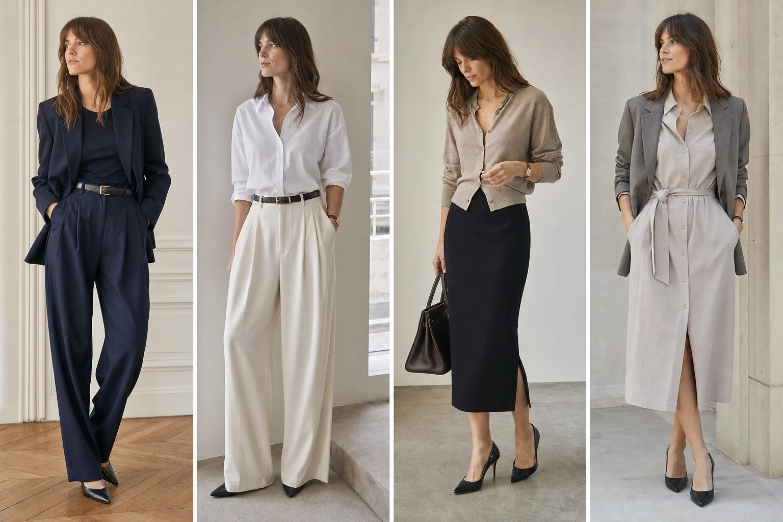 Parisian office outfit ideas shown as four polished looks
