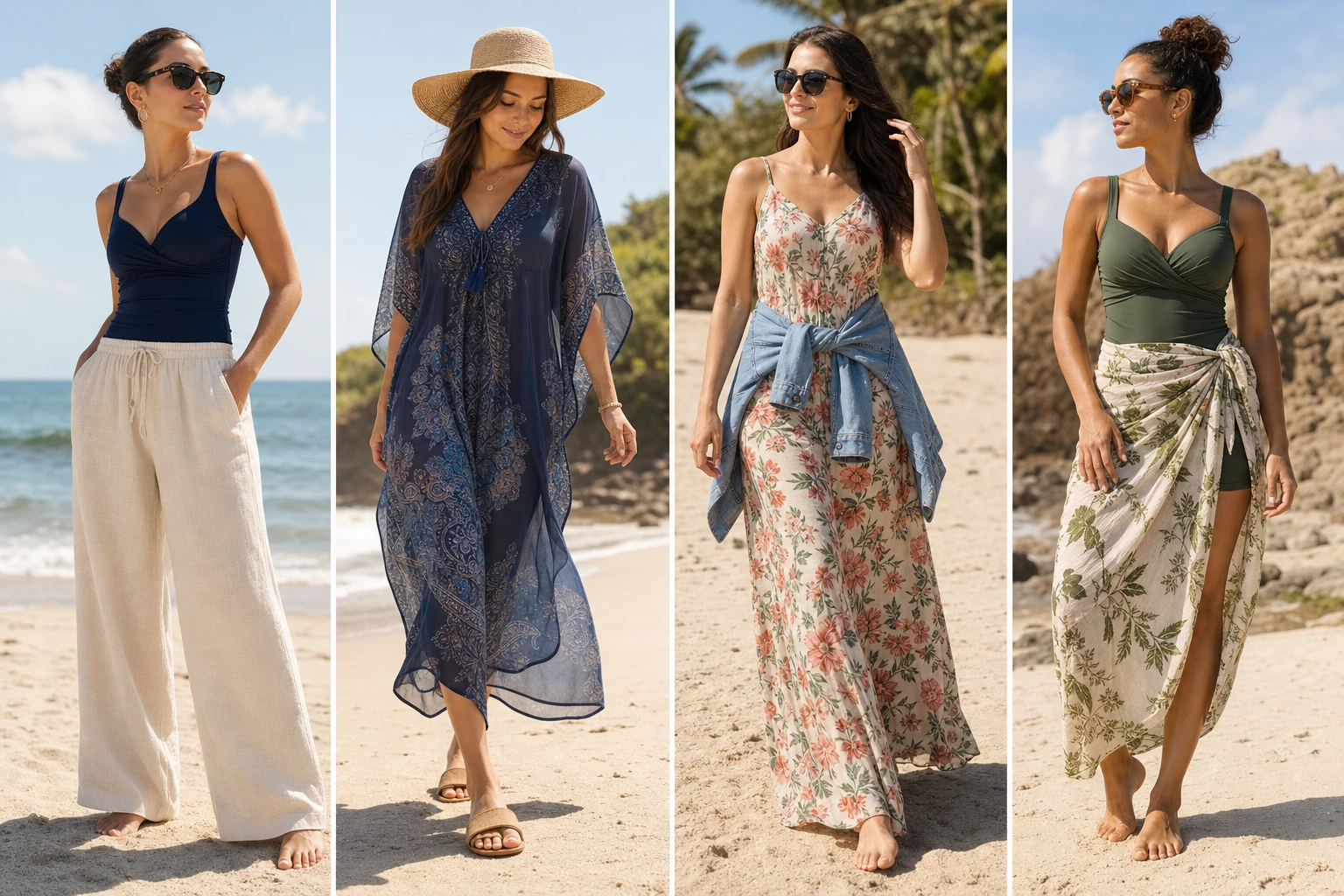 Modest beach outfit ideas shown as four looks