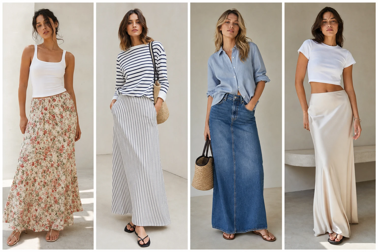 Summer maxi skirt outfit ideas shown as four looks
