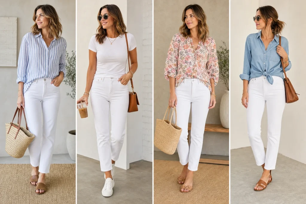 White jeans mom outfits for summer shown as four looks