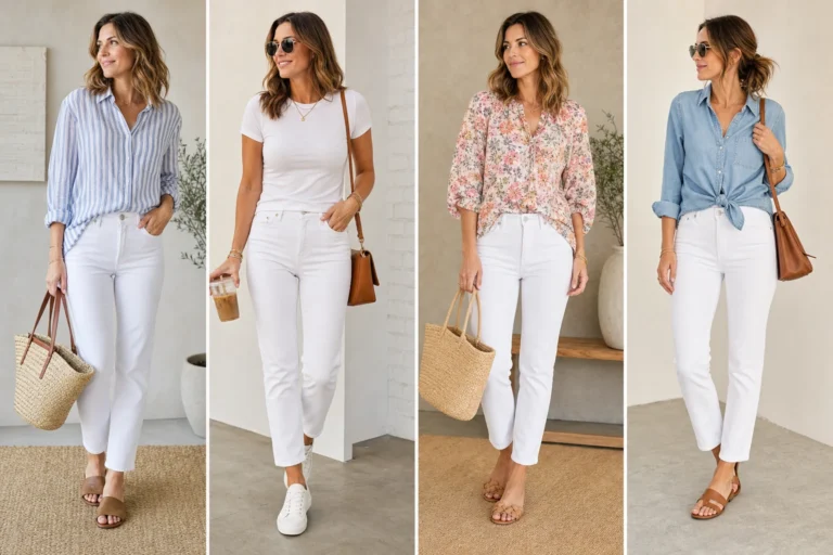 White jeans mom outfits for summer shown as four looks