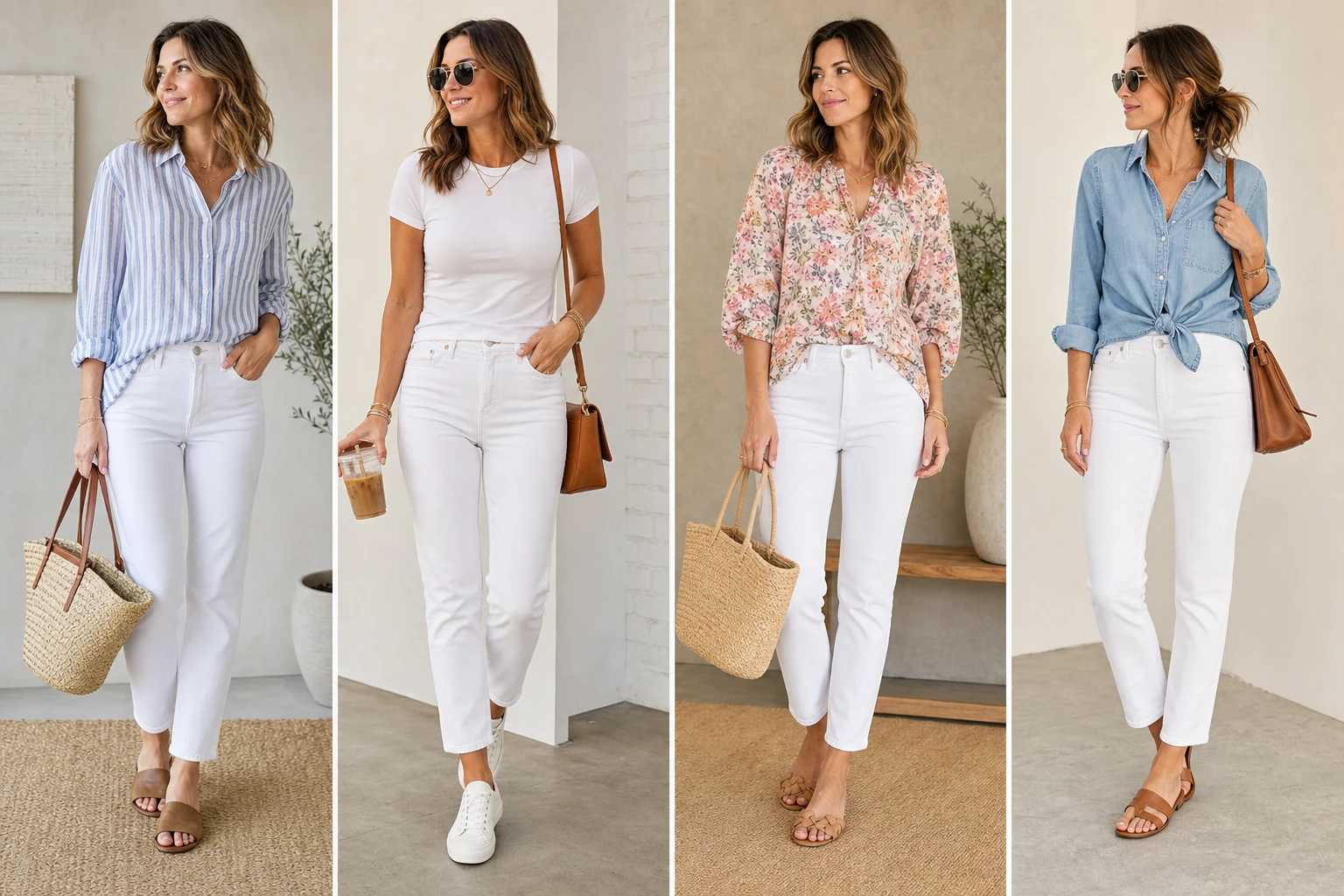 White jeans mom outfits for summer shown as four looks