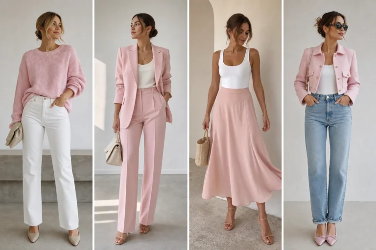Baby pink outfit ideas shown as four styled looks