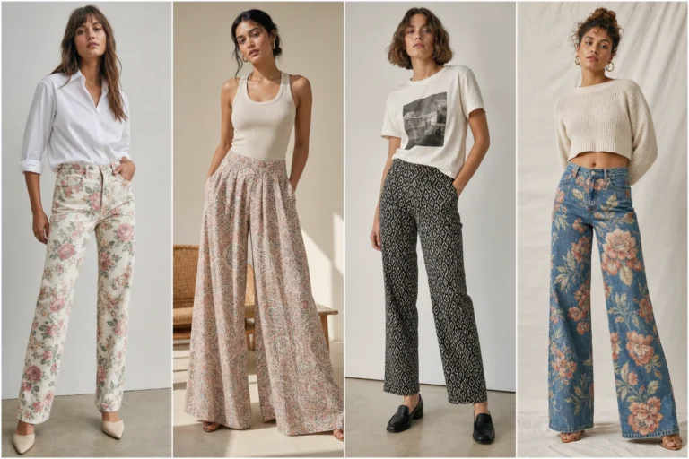 Printed pants outfit ideas shown as four styled looks