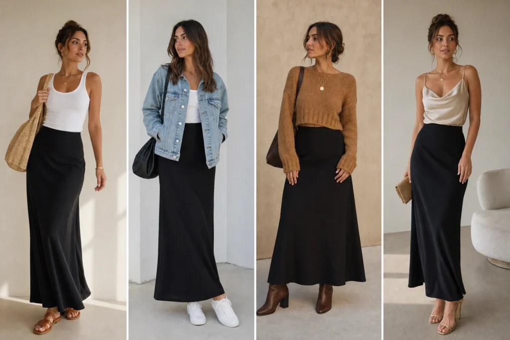 Black maxi skirt outfit ideas: four ways to style a black maxi skirt