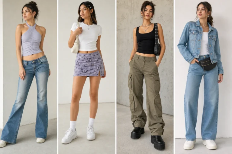 Wearable Y2K outfit ideas shown as four looks