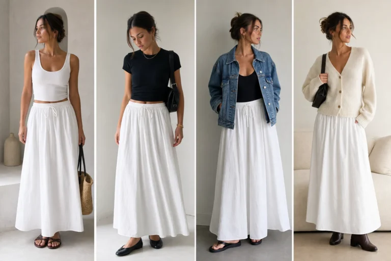 White maxi skirt outfit ideas shown as four styled looks