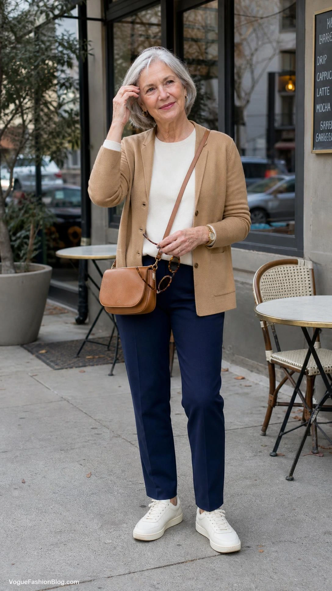 Stylish woman in her 70s outside a café wearing comfortable shoes, ivory sneakers with navy ankle trousers