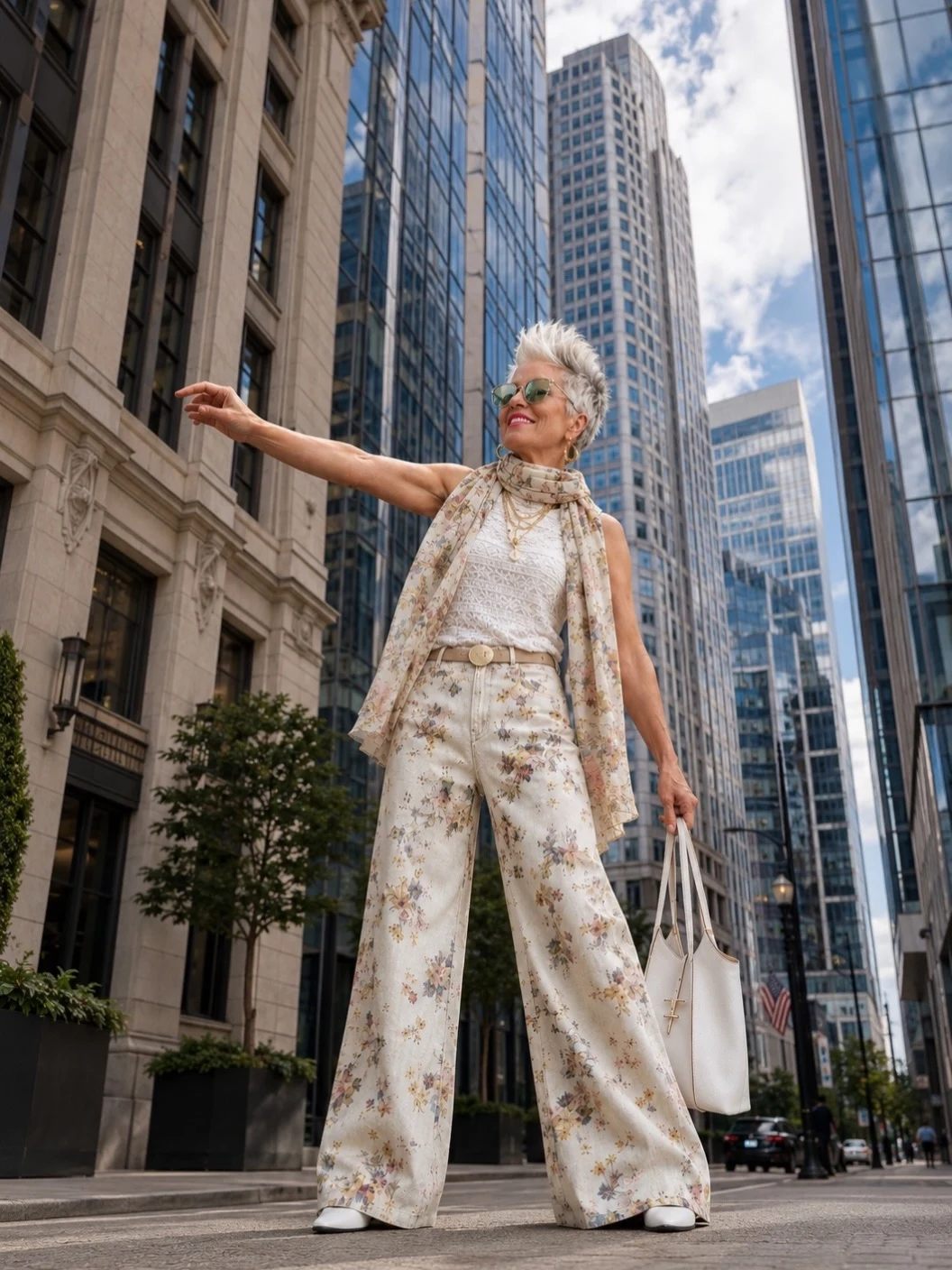 Woman in a white sleeveless top, cream floral wide-leg trousers, matching silk neck scarf, and green sunglasses.