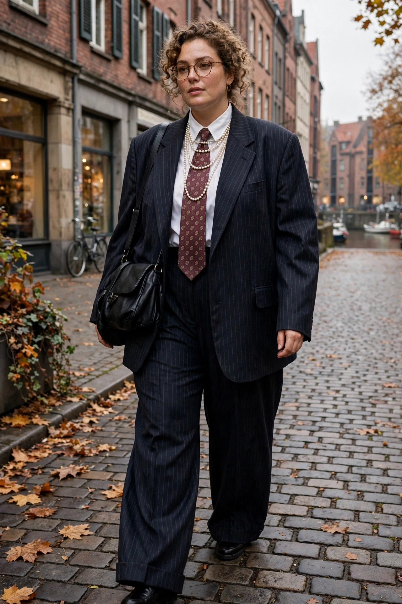 Plus size creator in oversized pinstripe suit, white shirt, patterned tie, pearls and black bag.