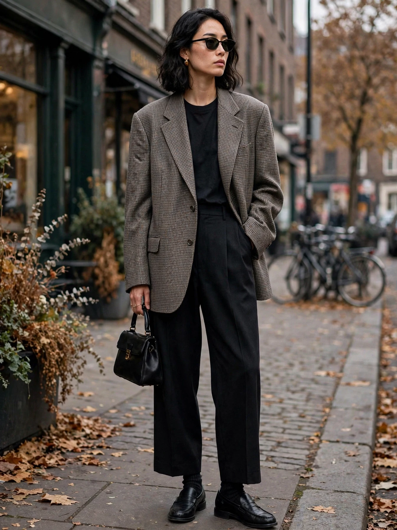 Woman in oversized houndstooth blazer, black wide leg trousers, loafers with socks and small dark sunglasses.