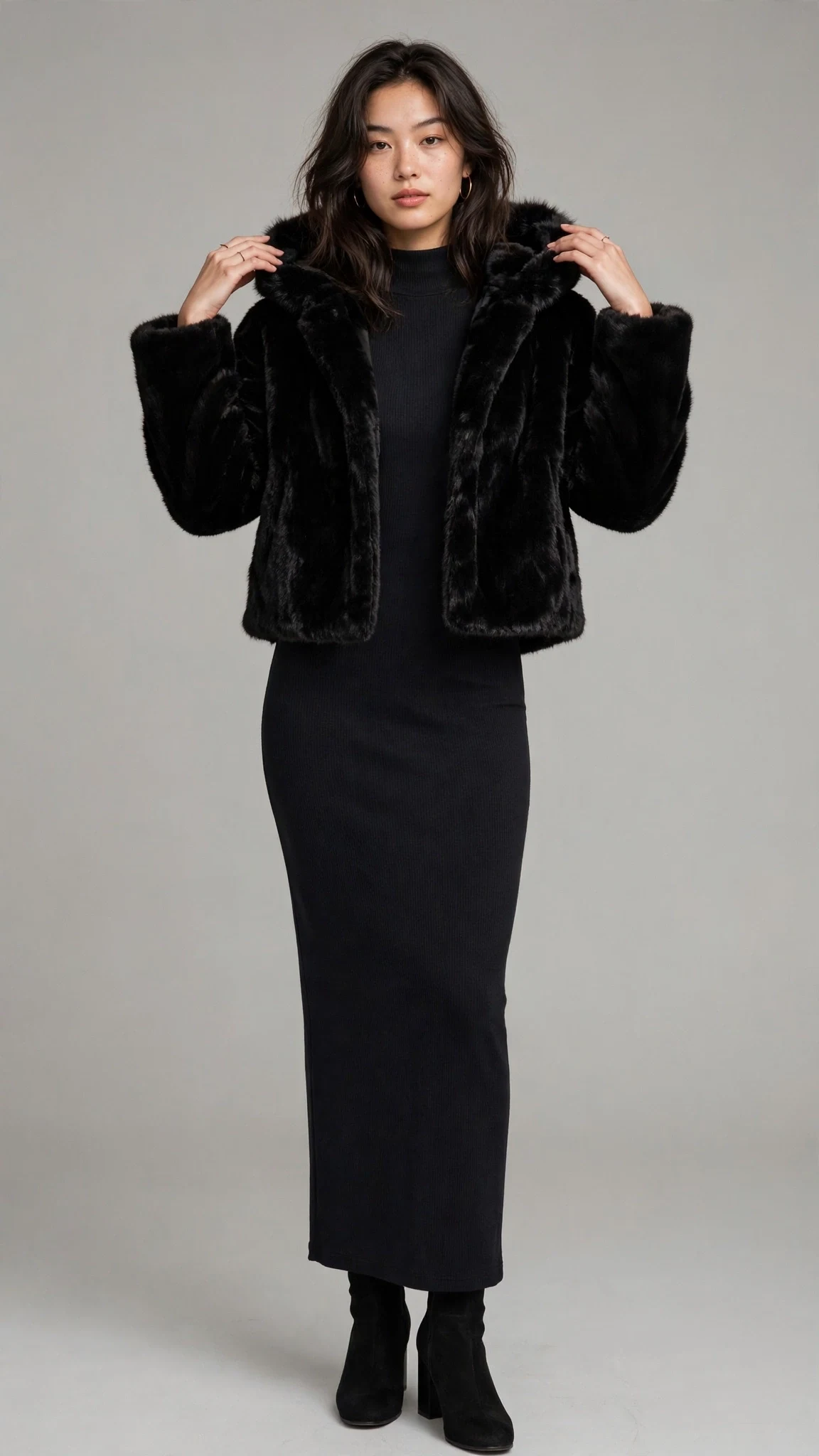 Short black hooded fur coat layered over a dark form-fitting dress, hands raised near shoulders.