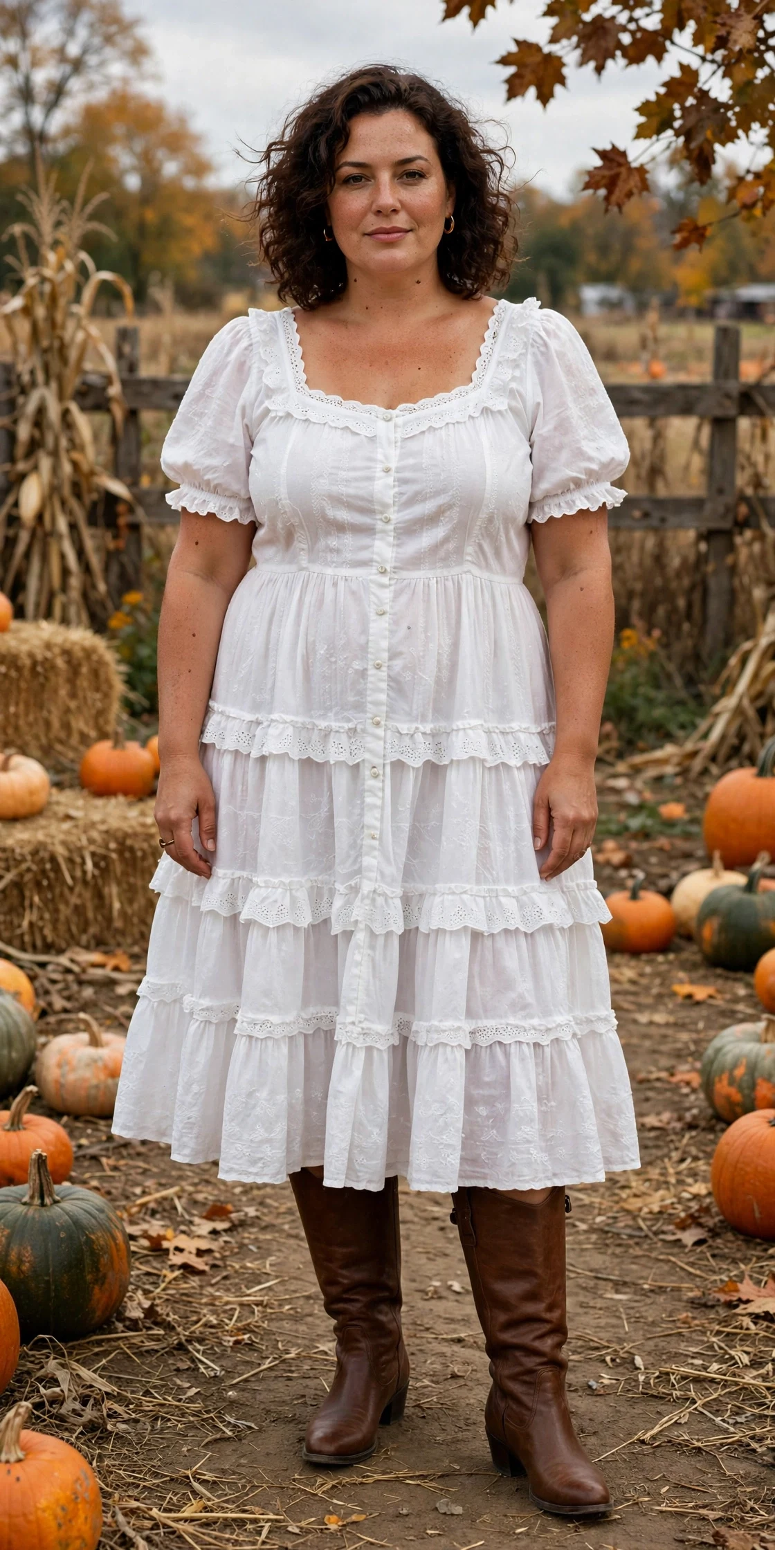 Plus size woman in white tiered swing dress with brown knee high boots at pumpkin patch - 90s prairie fall dress and boots pairing.