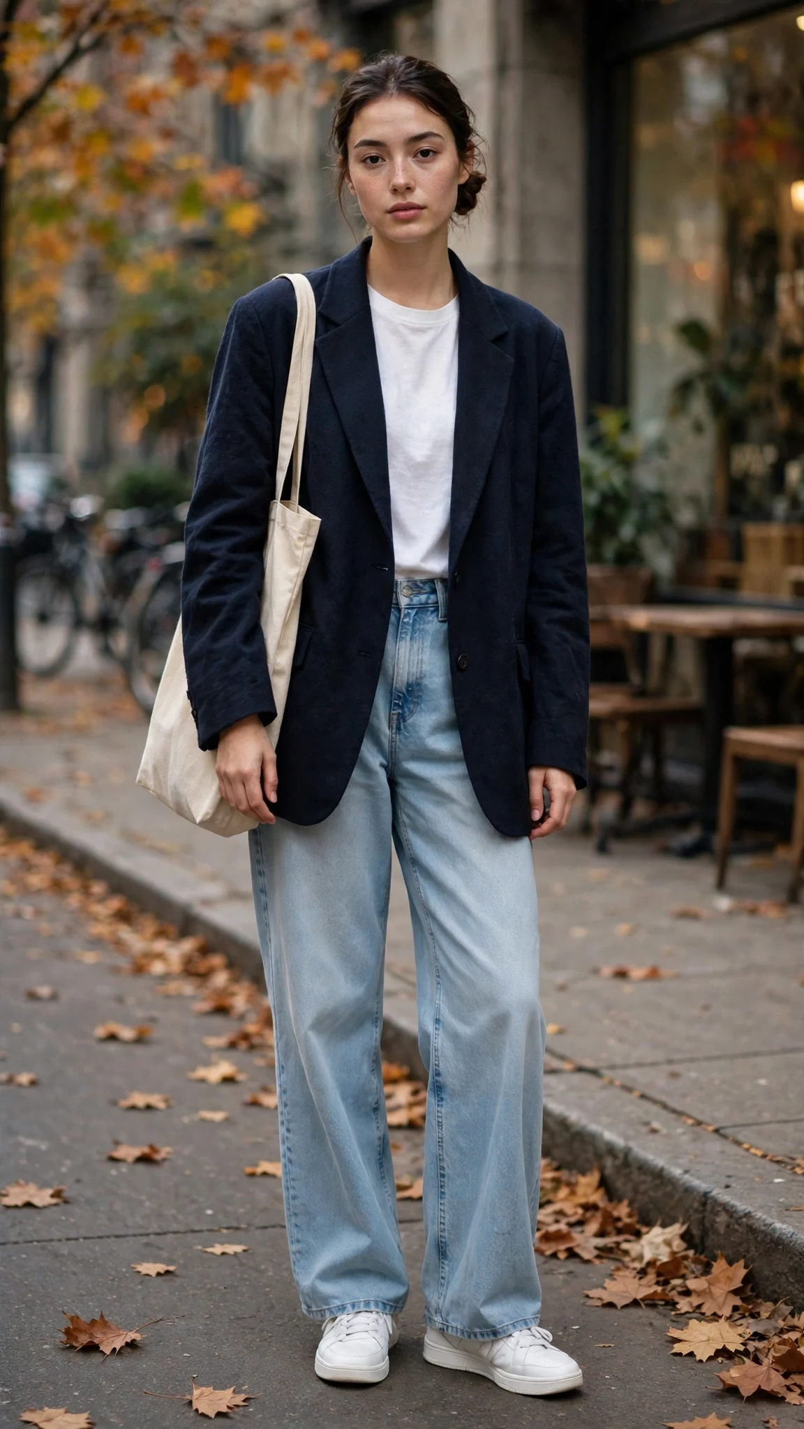 Navy slouchy blazer with wide-leg jeans, white sneakers, and a canvas tote bag.