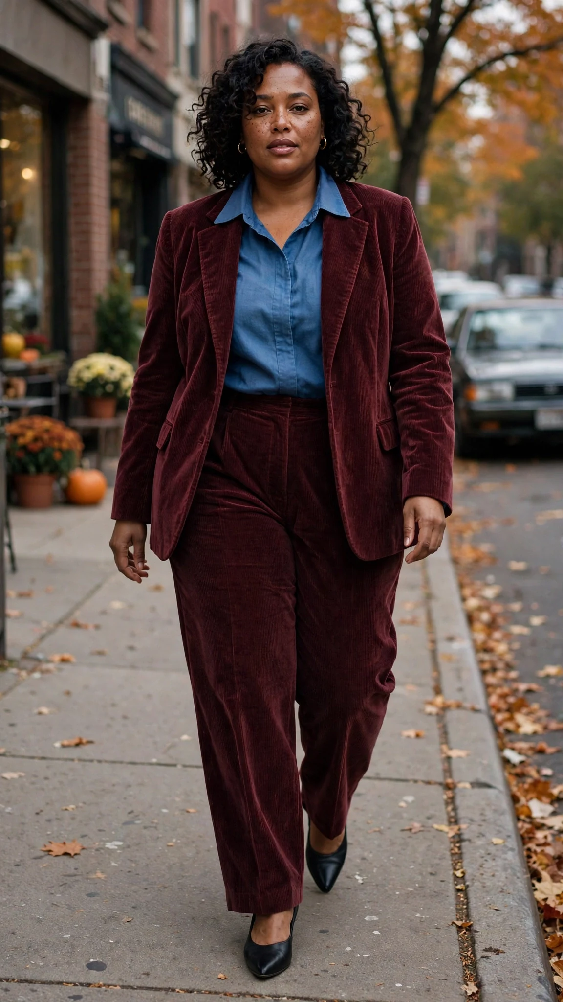 Plus size model walking in burgundy corduroy blazer and matching trousers with blue collared shirt and black pointed shoes - 90s corduroy suit fall set.