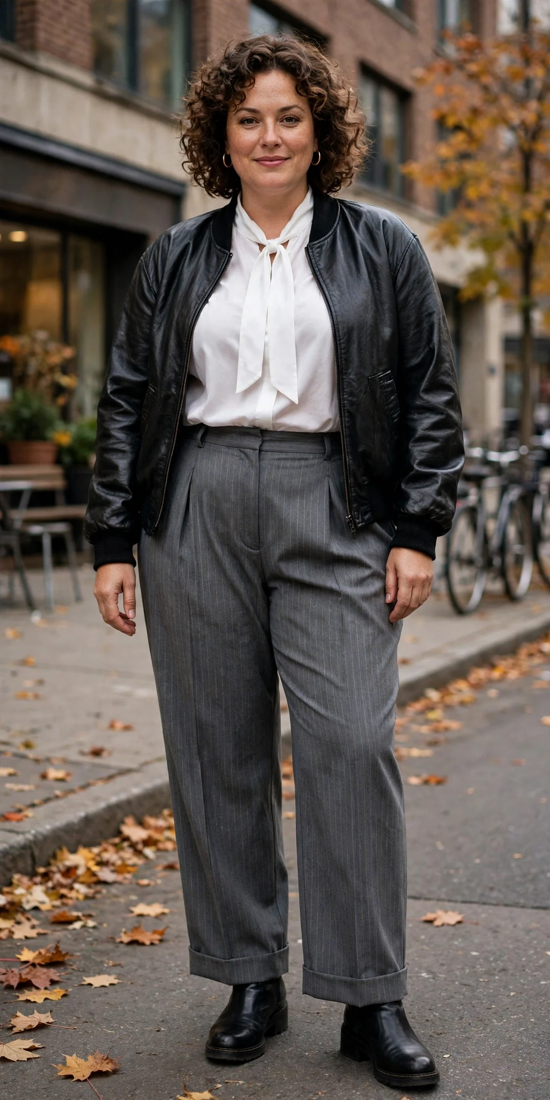 Plus size woman in grey pinstripe trousers, white tie neck shirt, and black faux leather bomber jacket.
