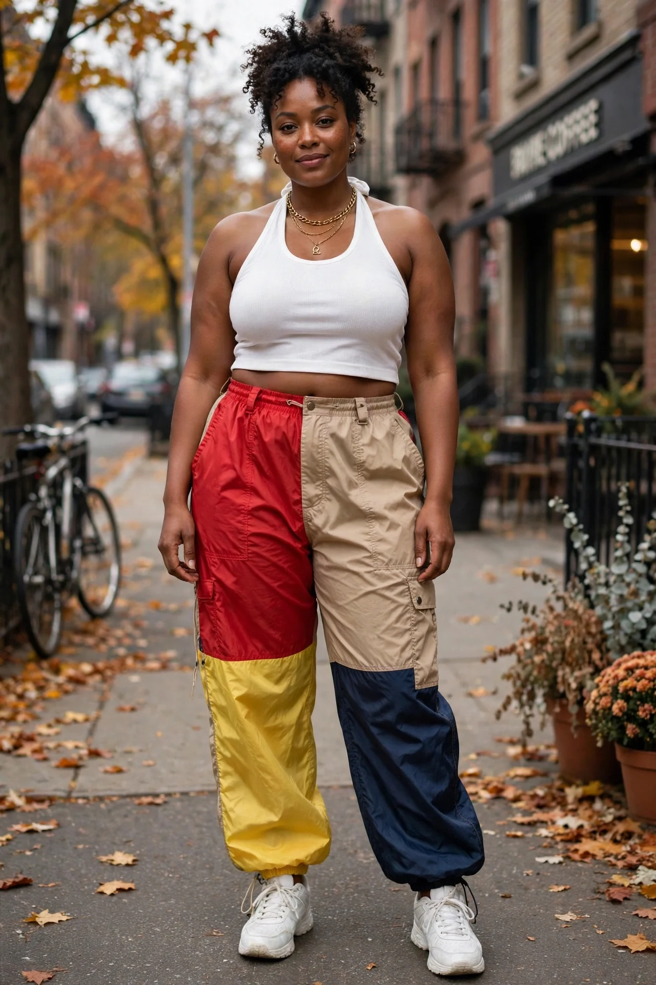 Ash Pryor wearing bold color block parachute pants, white halter crop top, gold necklaces, and white sneakers.