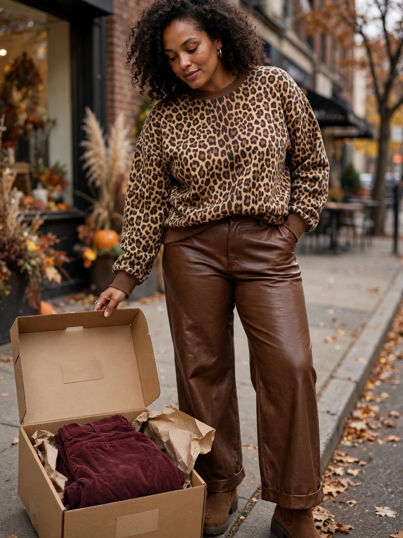 Woman unboxing a leopard print sweatshirt, burgundy corduroy pants, and brown faux leather wide leg pants.