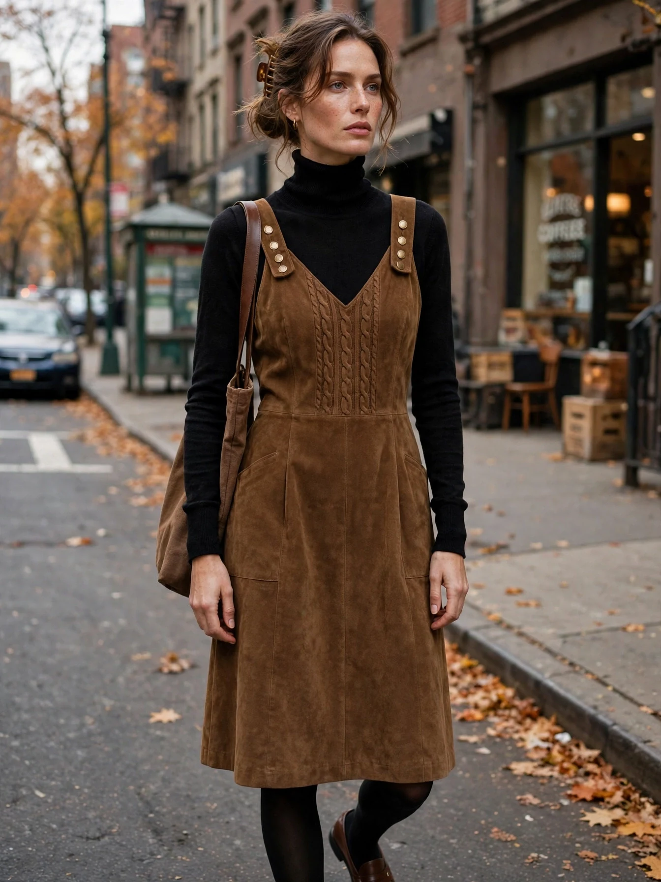 Model wearing a black turtleneck layered under a brown suede jumper dress with tights for a 90s fall look.