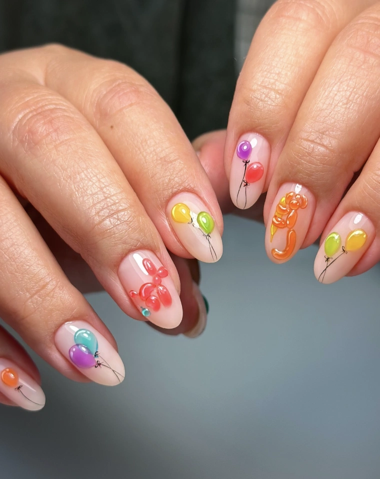 3D Balloon Animal Nail Art on Almond Nails