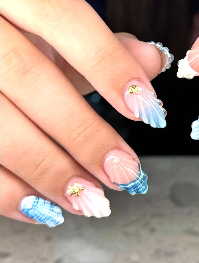 3D Seashell Nails with Blue Summer Waves
