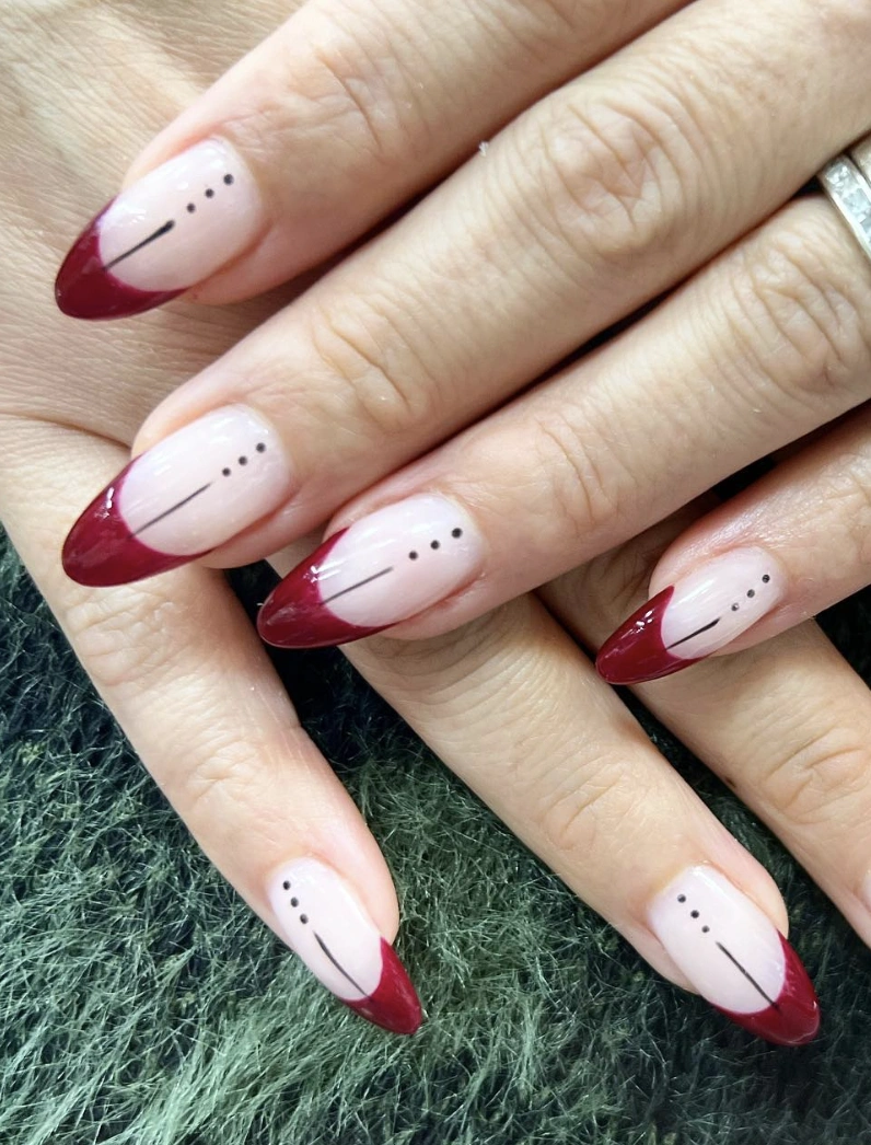 Almond Fall Nails French Tip with Deep Burgundy and Subtle Black Line Art