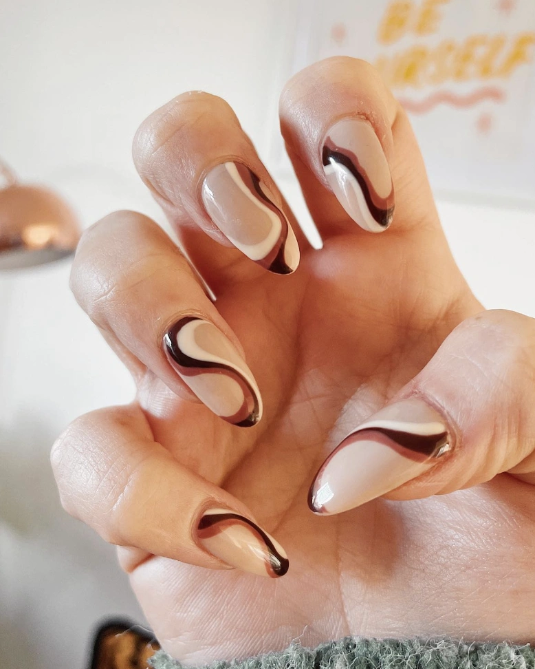 Almond Nails with Abstract Tan and Dark Brown Swirls