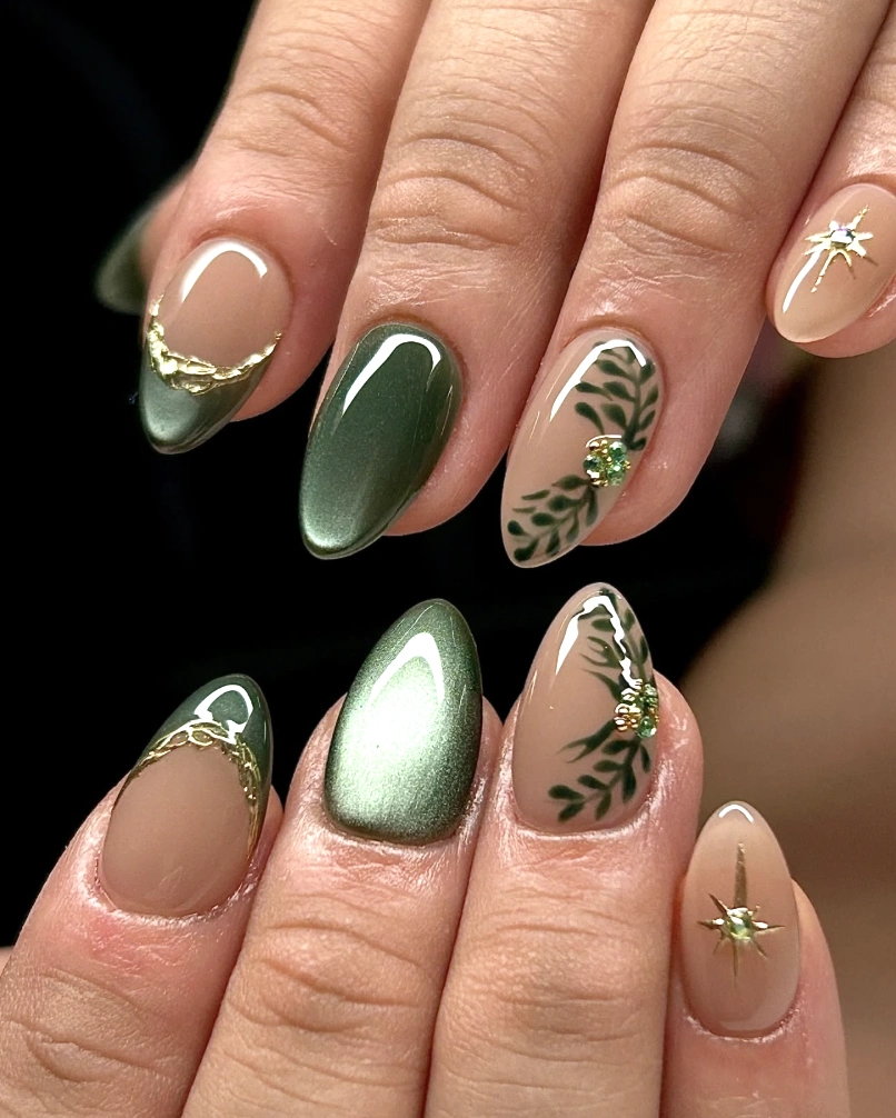 Almond Nails with Botanical Accents and Sage Green Cat-Eye Polish