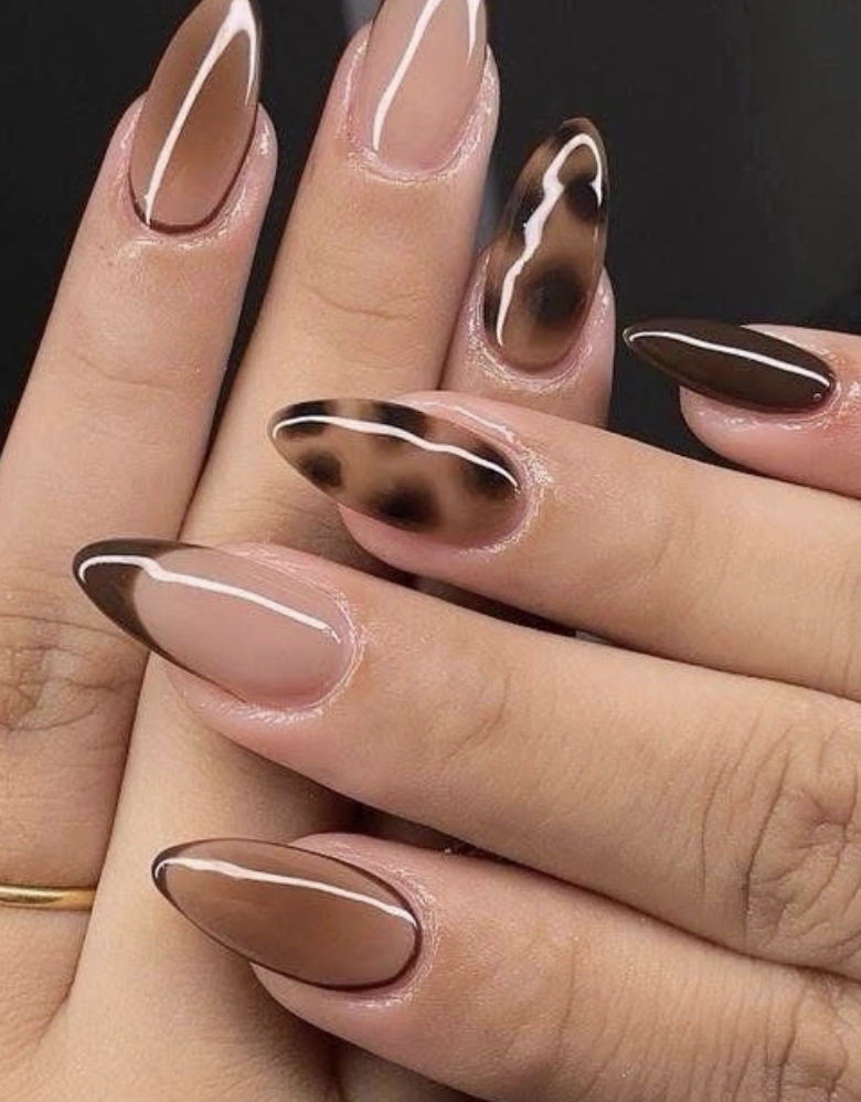 Almond Nails with Brown French Tips and Animal Print Accent
