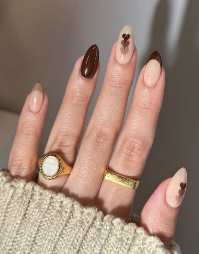 Almond Nails with Brown Hearts, Chocolate Accent and Gold Rings