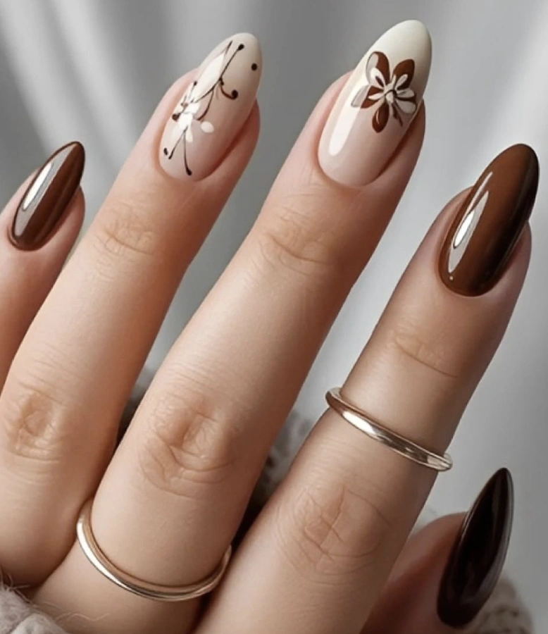 Almond Nails with Chocolate Brown Chrome and Floral Detail