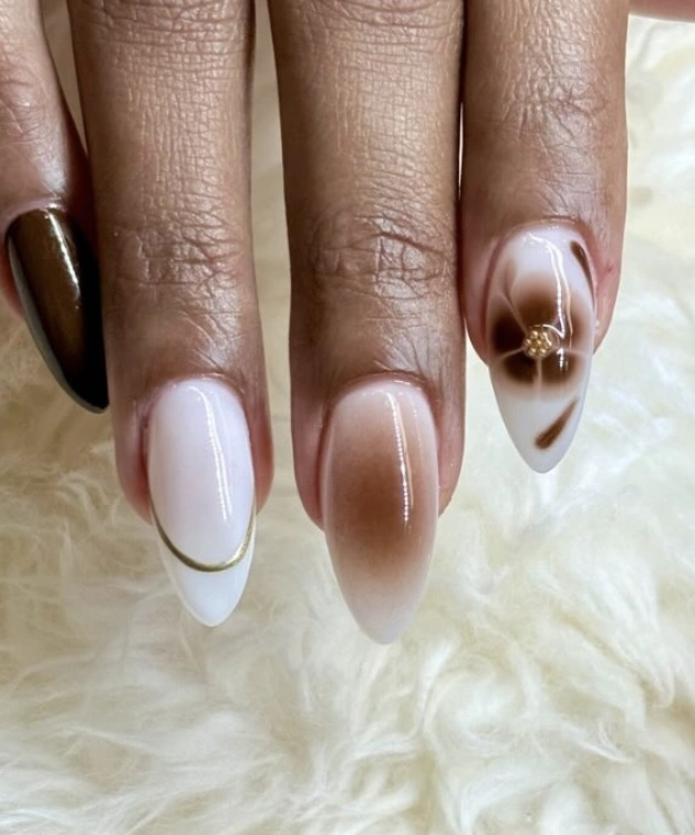 Almond Nails with Chocolate Brown Ombre and Gold Detail