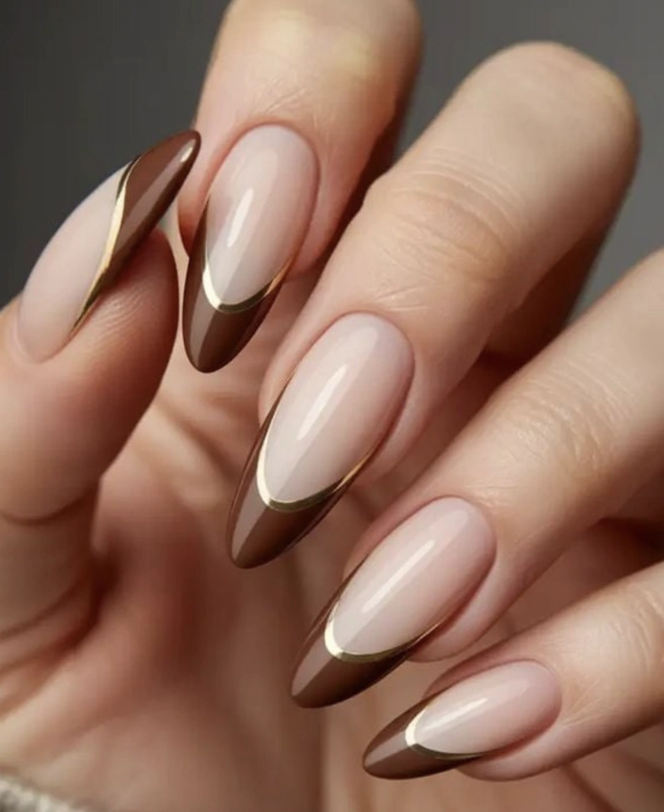 Almond Nails with Chocolate French Tips and Gold Detail