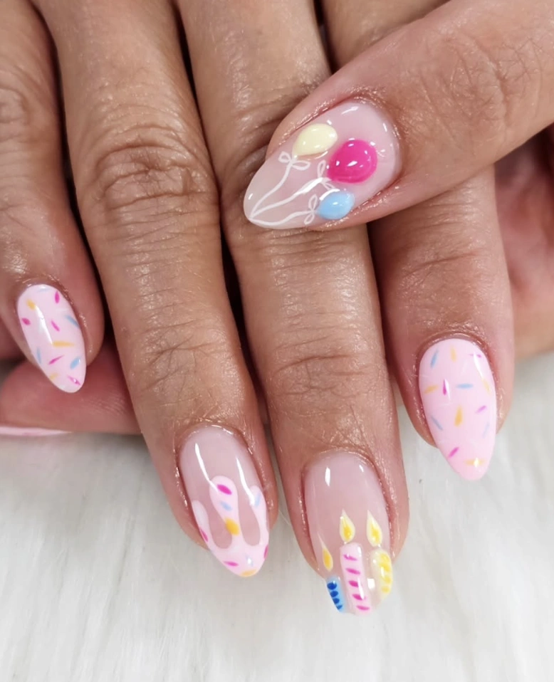 Almond Nails with Festive Birthday Decorations
