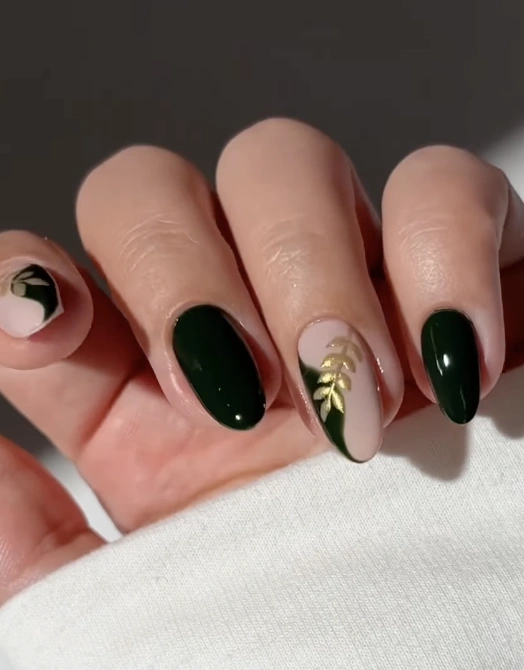 Almond Nails with Gold Leaf and Forest Green Accents