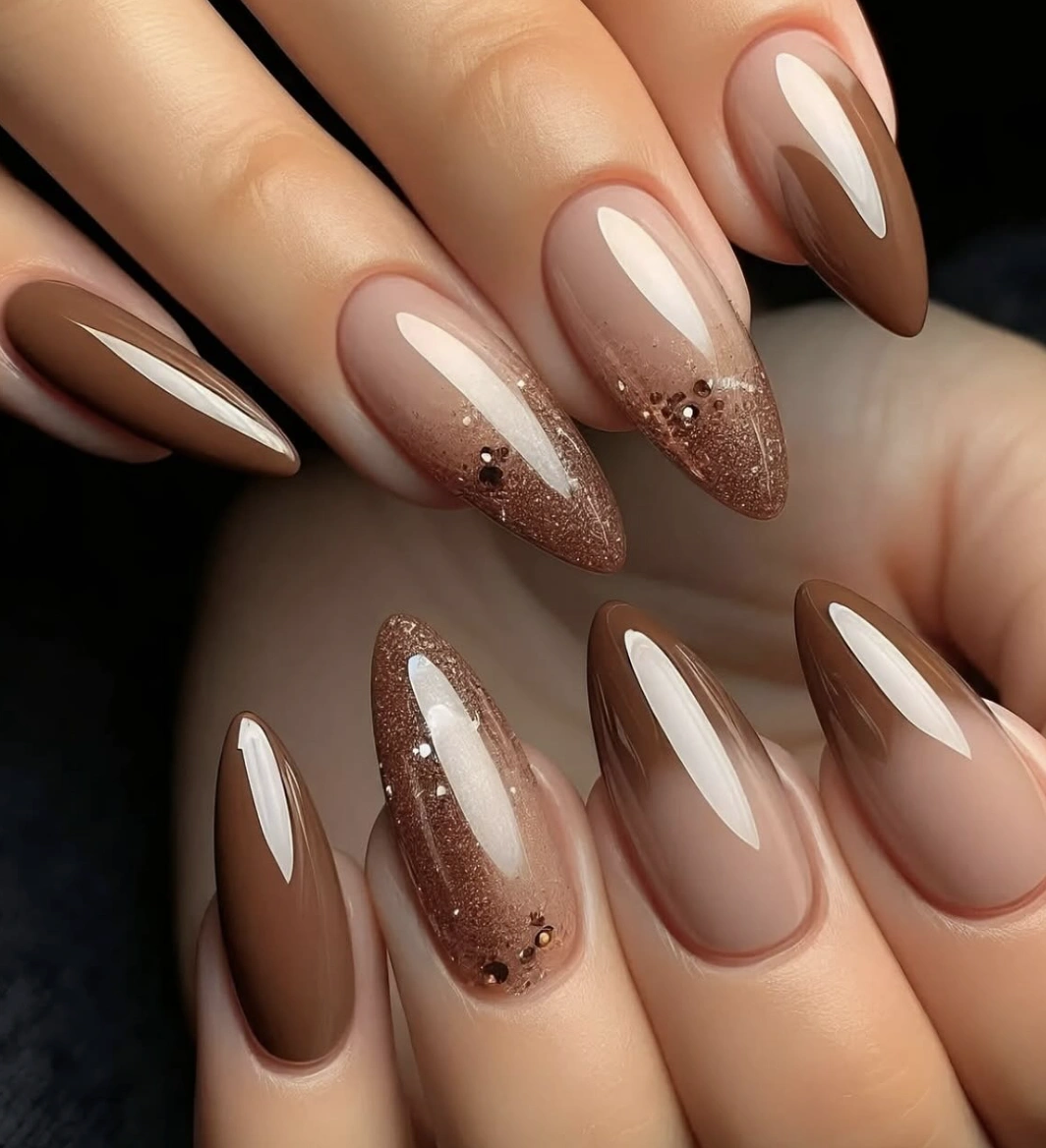 Almond Nails with Ombre Brown French Tip and Glitter