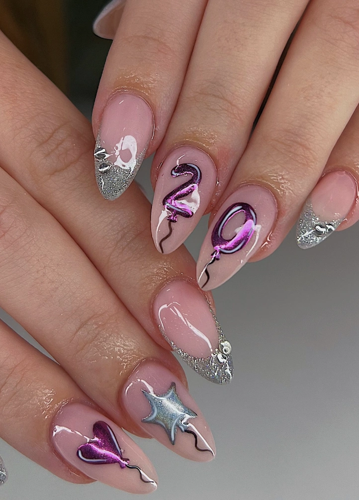 Almond Nails with Silver Glitter Tips and 3D Birthday Balloon Art
