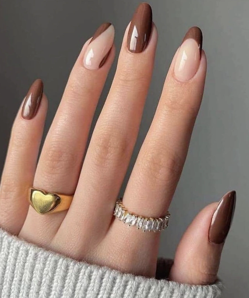 Almond Nails with Two-Tone Brown Accent