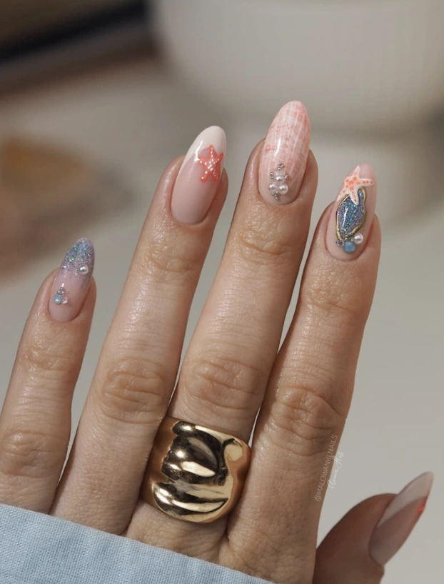 Almond Shaped French Manicure with Seashell Accents