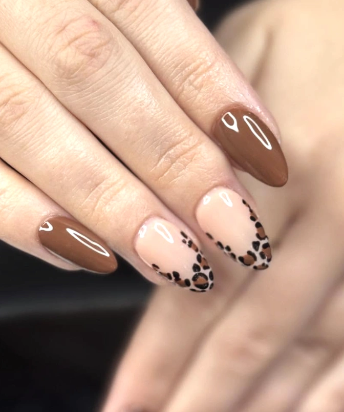 Almond Shaped Nails Brown with Leopard Print Tips