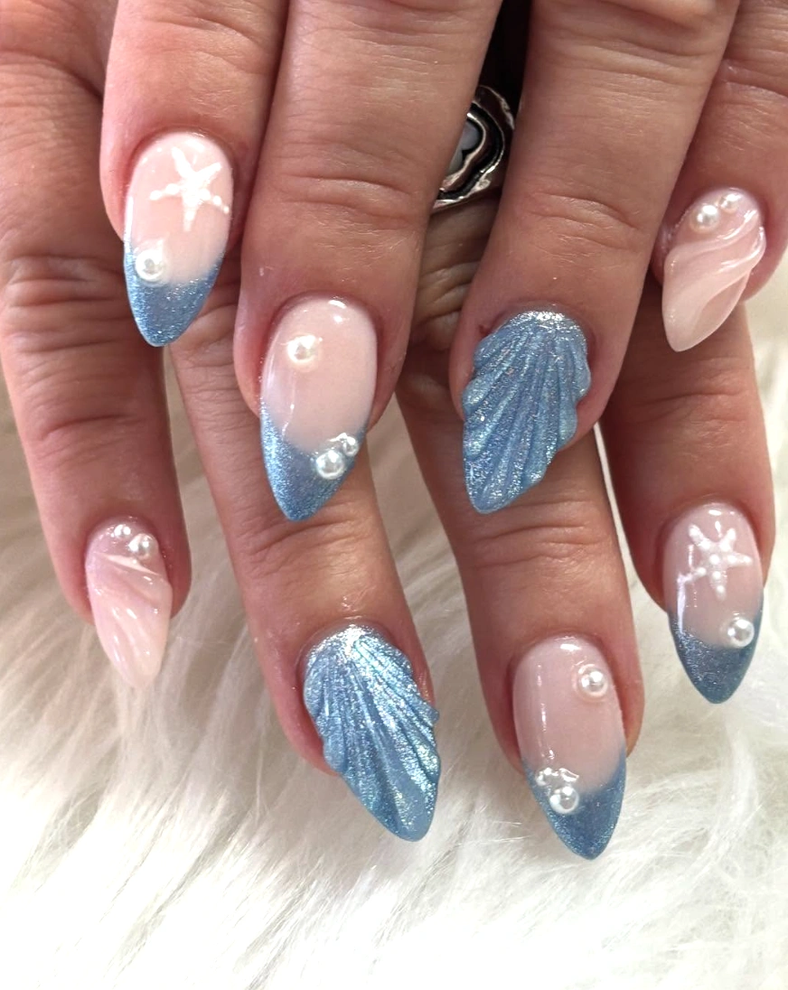 Almond Shaped Ocean-Themed Nails with Pearls